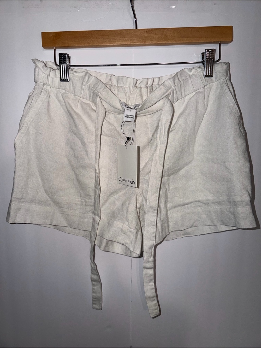 Calvin Klein Women's Cream Drawstring High-Waist Linen Shorts